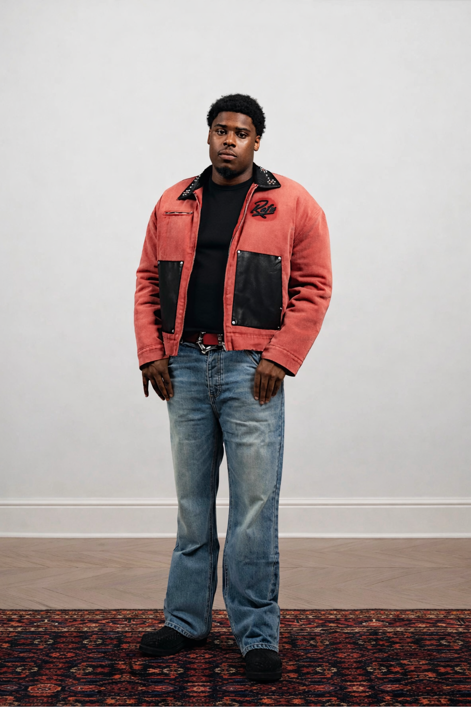 Red Leather Studded Worker Jacket