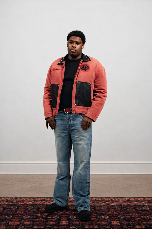 Red Leather Studded Worker Jacket