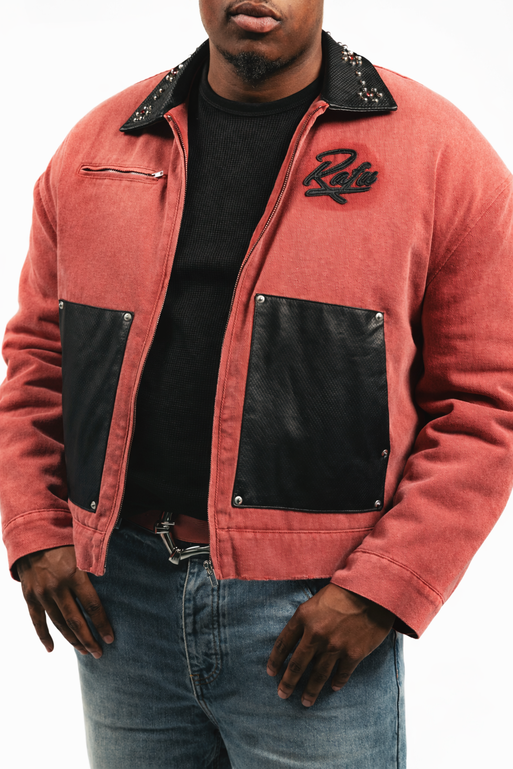 Red Leather Studded Worker Jacket